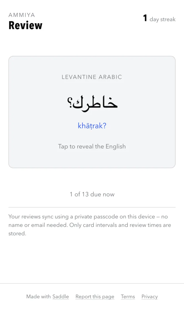 Arabic flashcards, an app Saddle built from one sentence