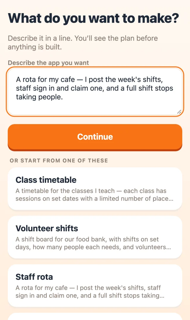Saddle’s builder with the cafe rota sentence typed in
